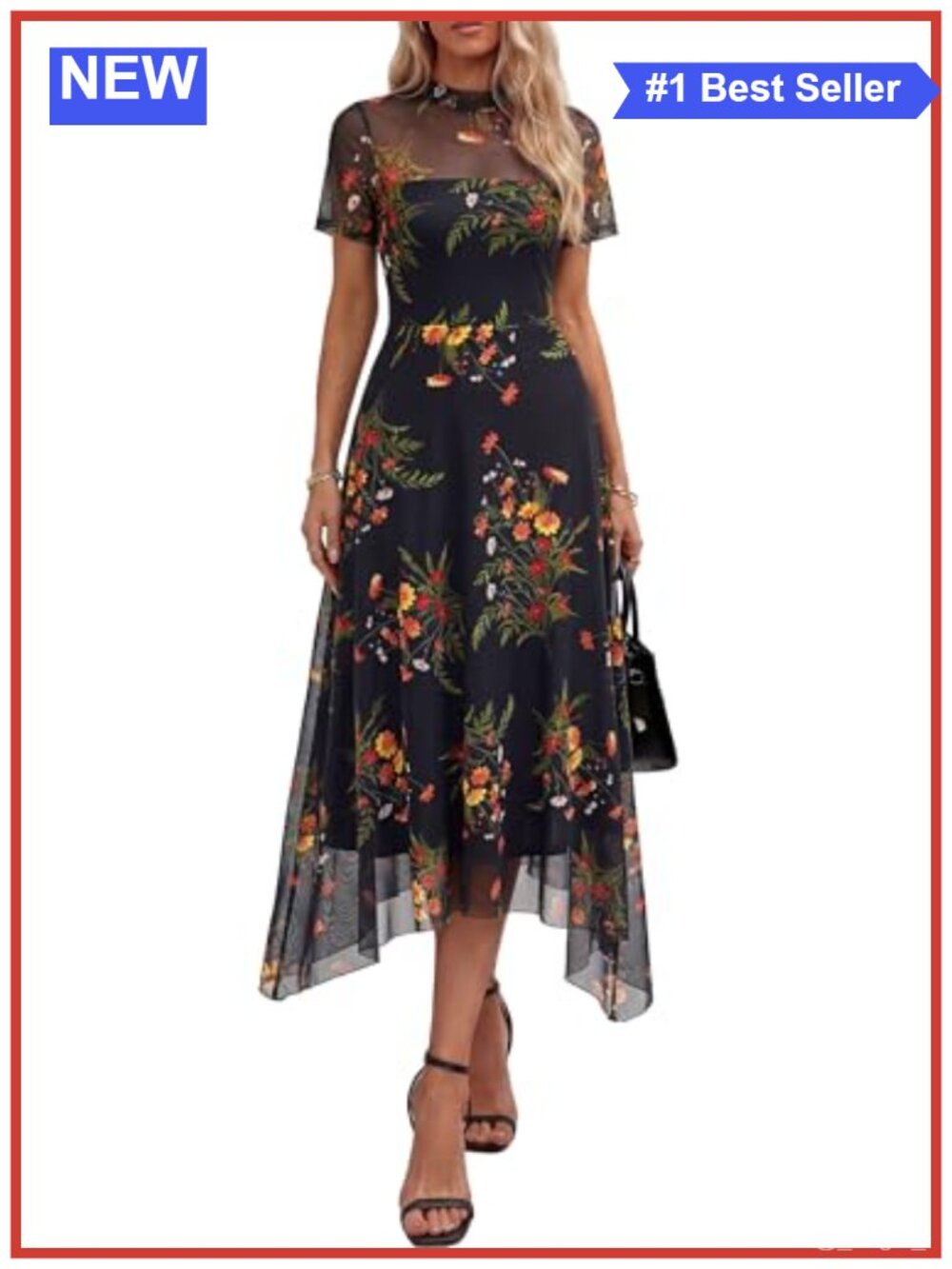 Women's Floral Mesh Midi Dress Sheer A-Line Cocktail Party